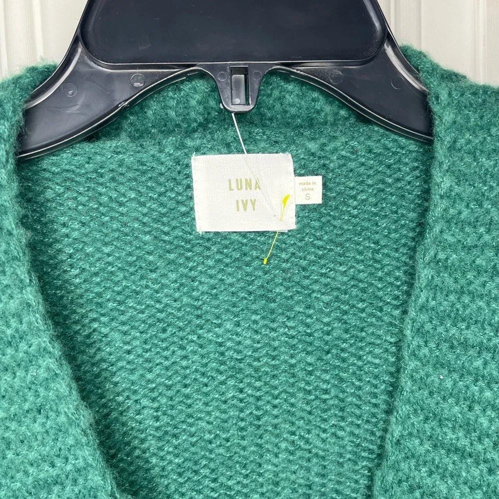 Anthropologie LUNA Ivy NEW forest green oversized cardigan gold bow small - Picture 2 of 7